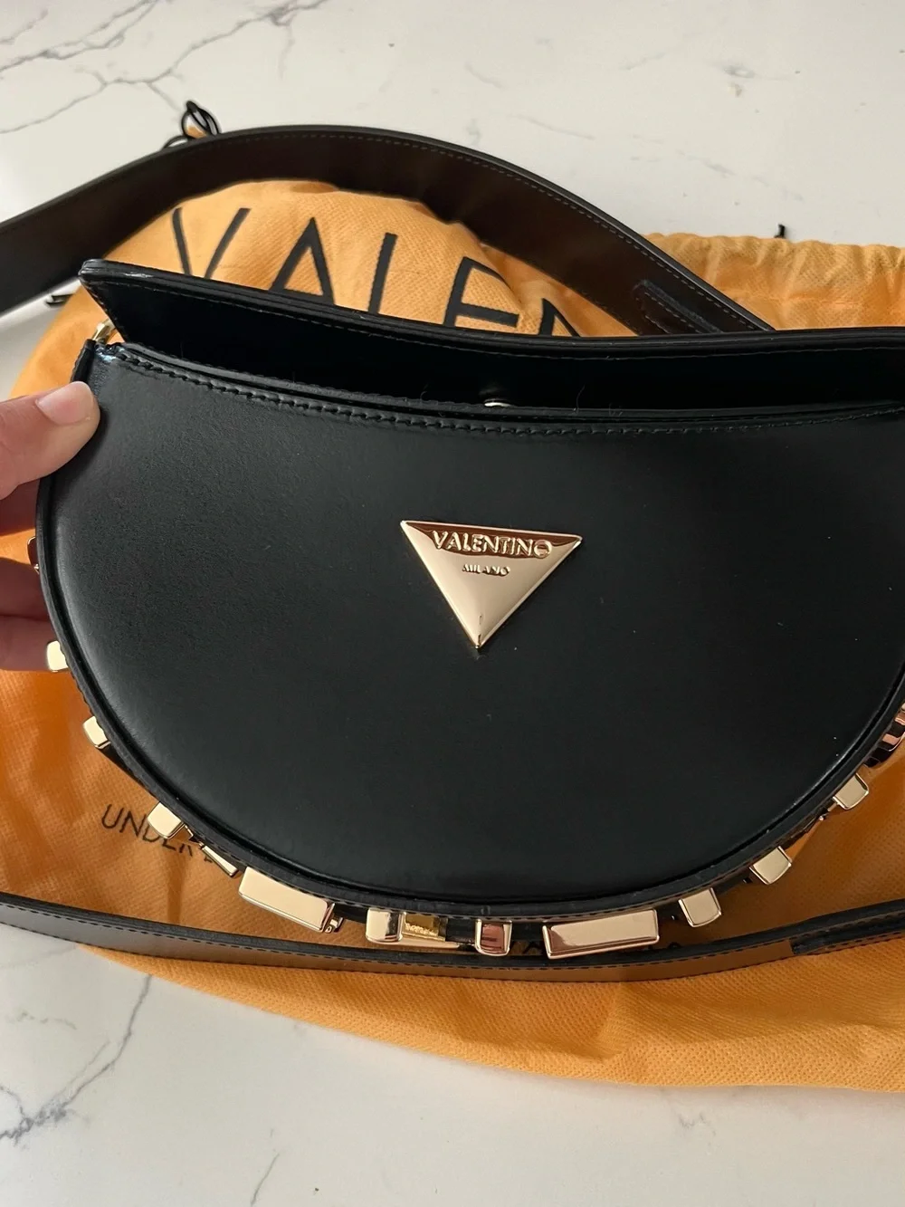 Valentino Black Leather Half-Moon Crossbody with Gold Accents